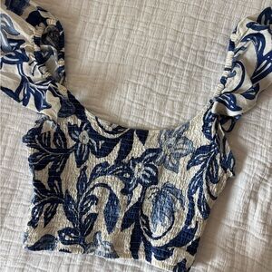 Blue and White Smocked Crop Tank Top